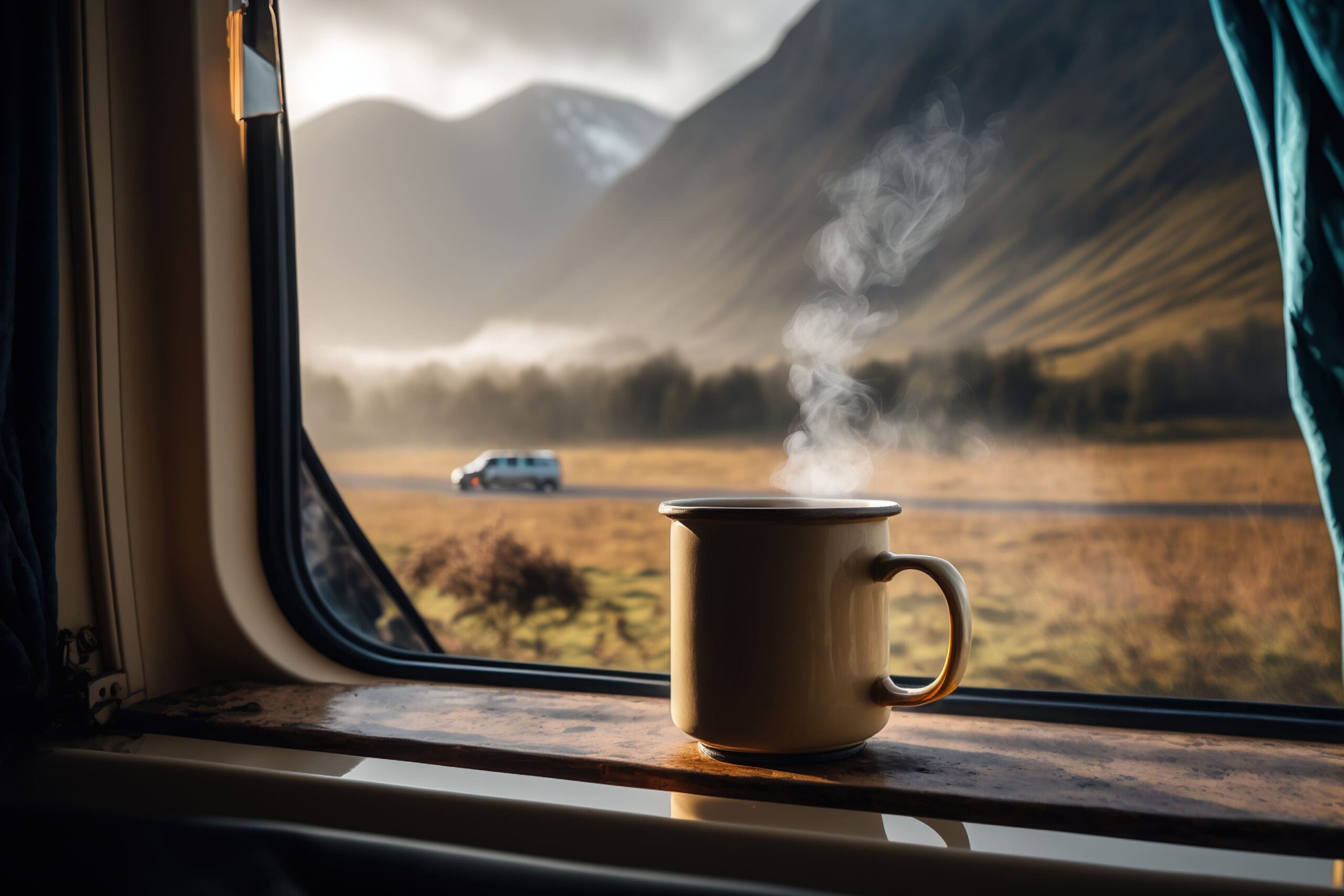 Café pela janela do motorhome com vista para as montanhas